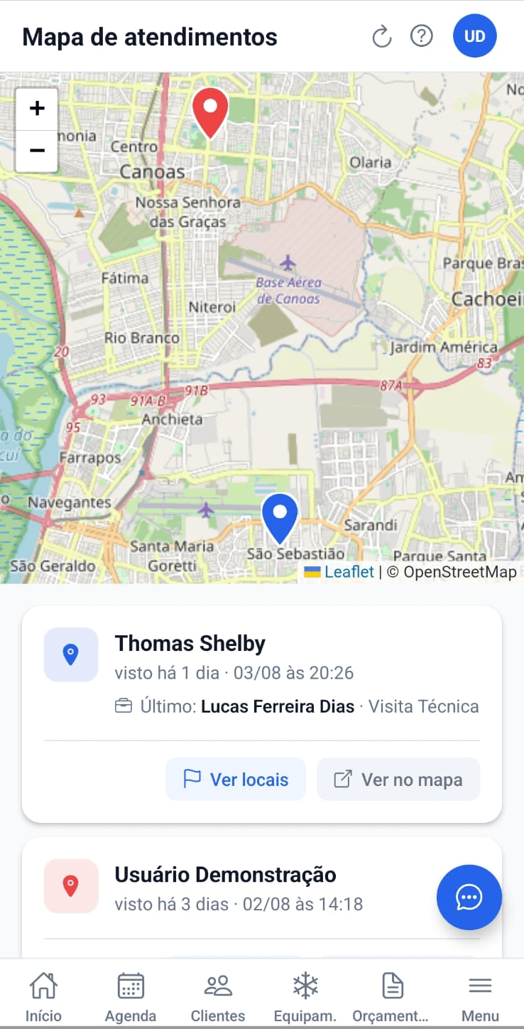 Tela de mapa do FrioApp mostrando a localização dos técnicos em campo