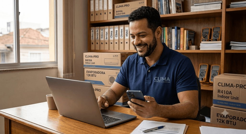 Gestor de uma empresa de climatização acompanhando os relatórios do FrioApp no escritório