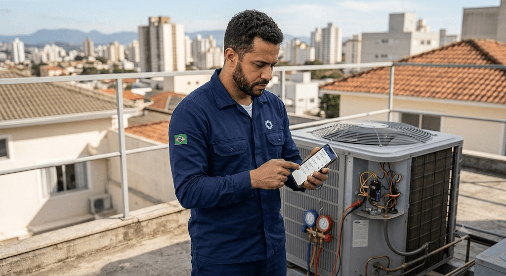Técnico de refrigeração usando o FrioApp no celular durante manutenção de um ar-condicionado