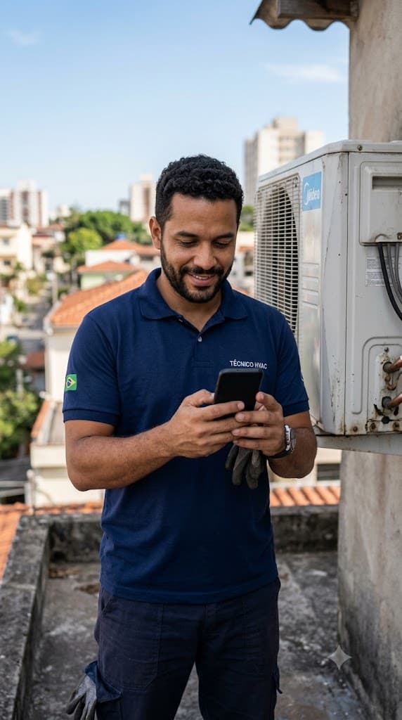 Técnico de refrigeração sorrindo enquanto usa o FrioApp no celular, ao lado de uma condensadora de ar-condicionado