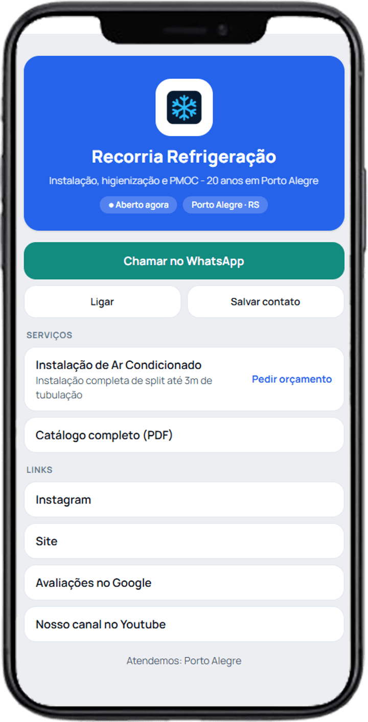 Minha página de uma empresa de refrigeração no celular, com o botão de WhatsApp, ligar, salvar contato, serviços, catálogo em PDF e links
